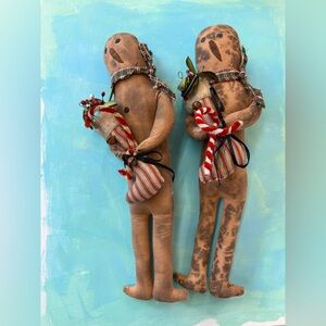 Primitive Rustic Festive Brown Plush Snowmen Dolls with Plaid Scarves